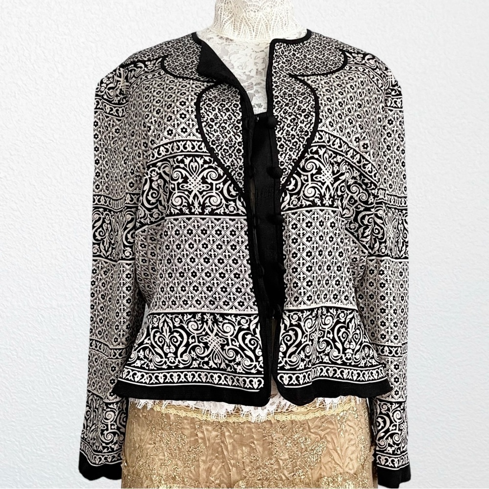 Adrianna Papell Silk Kimono Jacket Fleur De Lis + Floral Print Black  SZ 16